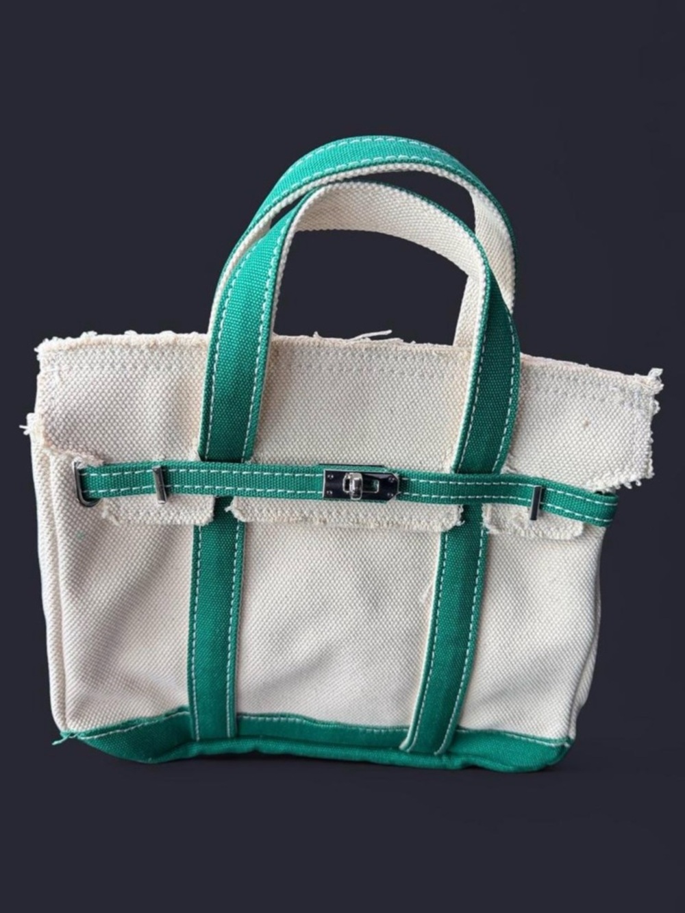 Canvas Tote Bag with Green Trim - Women's Handbag